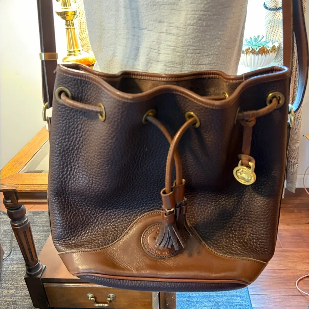 Vintage Dooney & Bourke Brown Pebbled Leather Bucket Bag